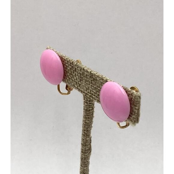 CORO Clips Earrings Pink Lucite Vintage Plastic Dome Gold Tone - Picture 6 of 7